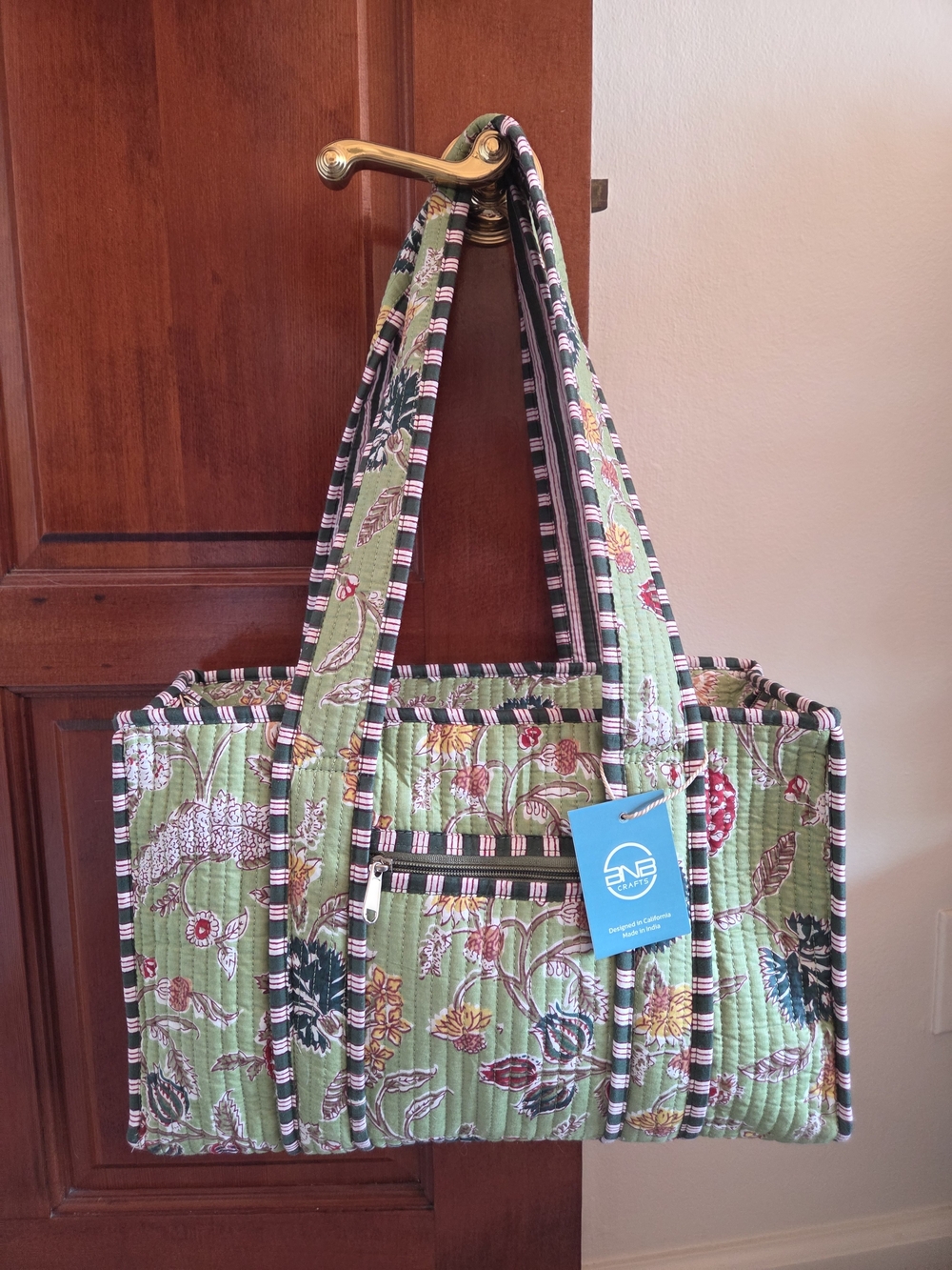 Quilted Floral Green Tote Bag with Striped Trim